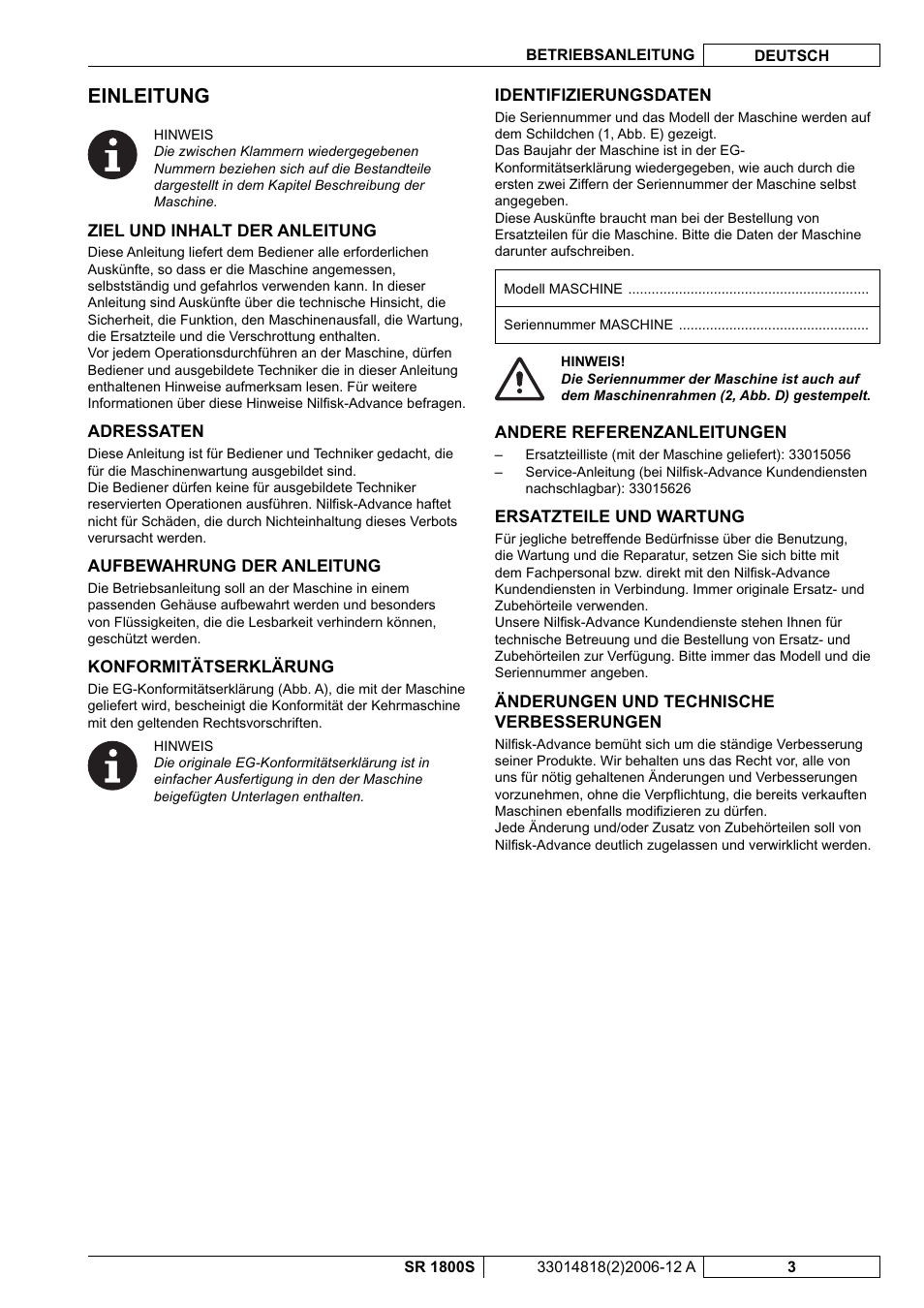 Einleitung | Nilfisk-ALTO SR 1800S User Manual | Page 5 / 118