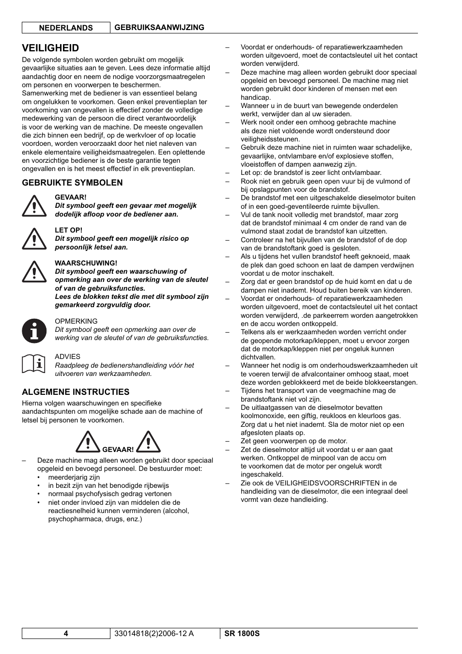 Veiligheid | Nilfisk-ALTO SR 1800S User Manual | Page 84 / 118