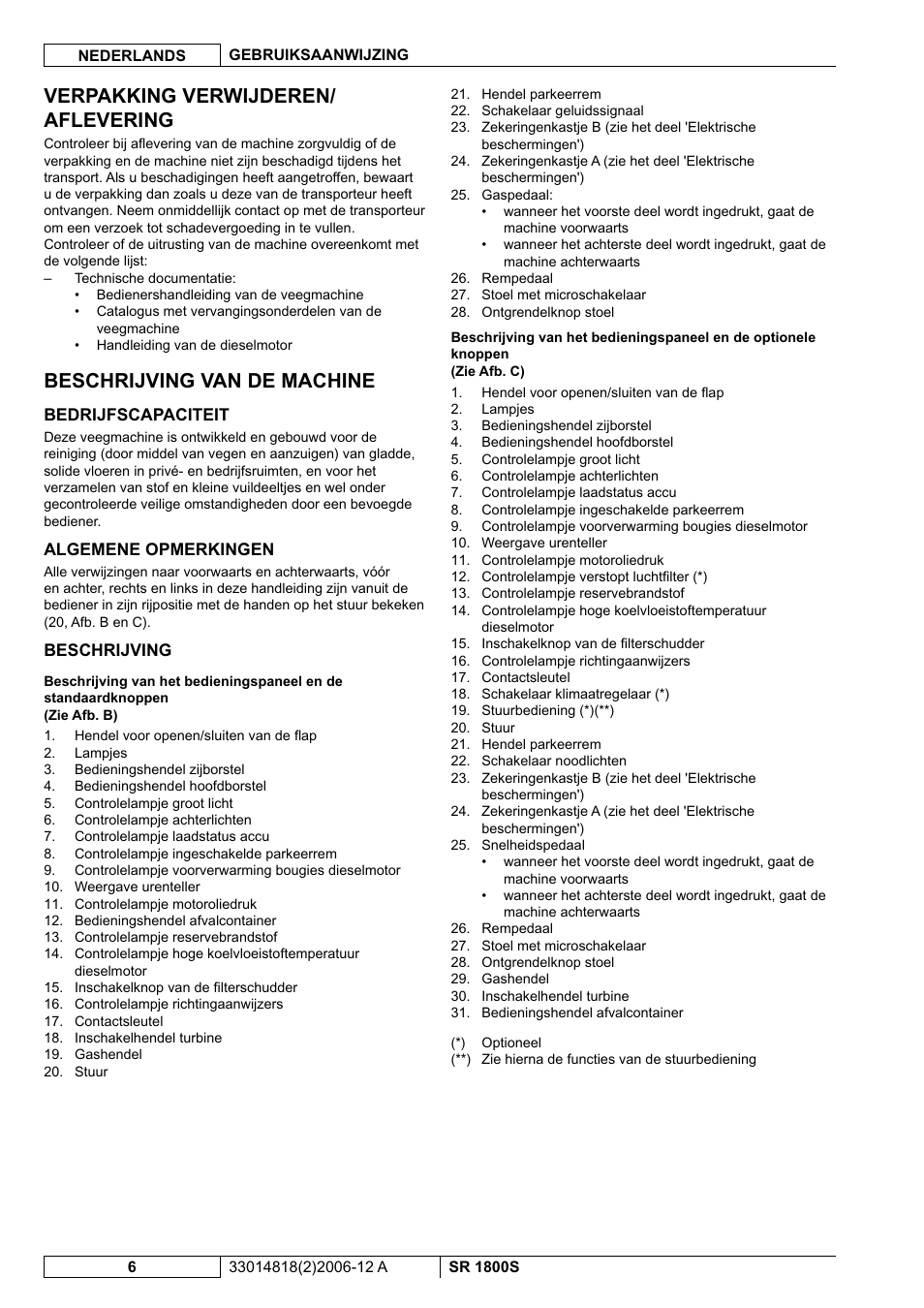 Verpakking verwijderen/ aflevering, Beschrijving van de machine | Nilfisk-ALTO SR 1800S User Manual | Page 86 / 118