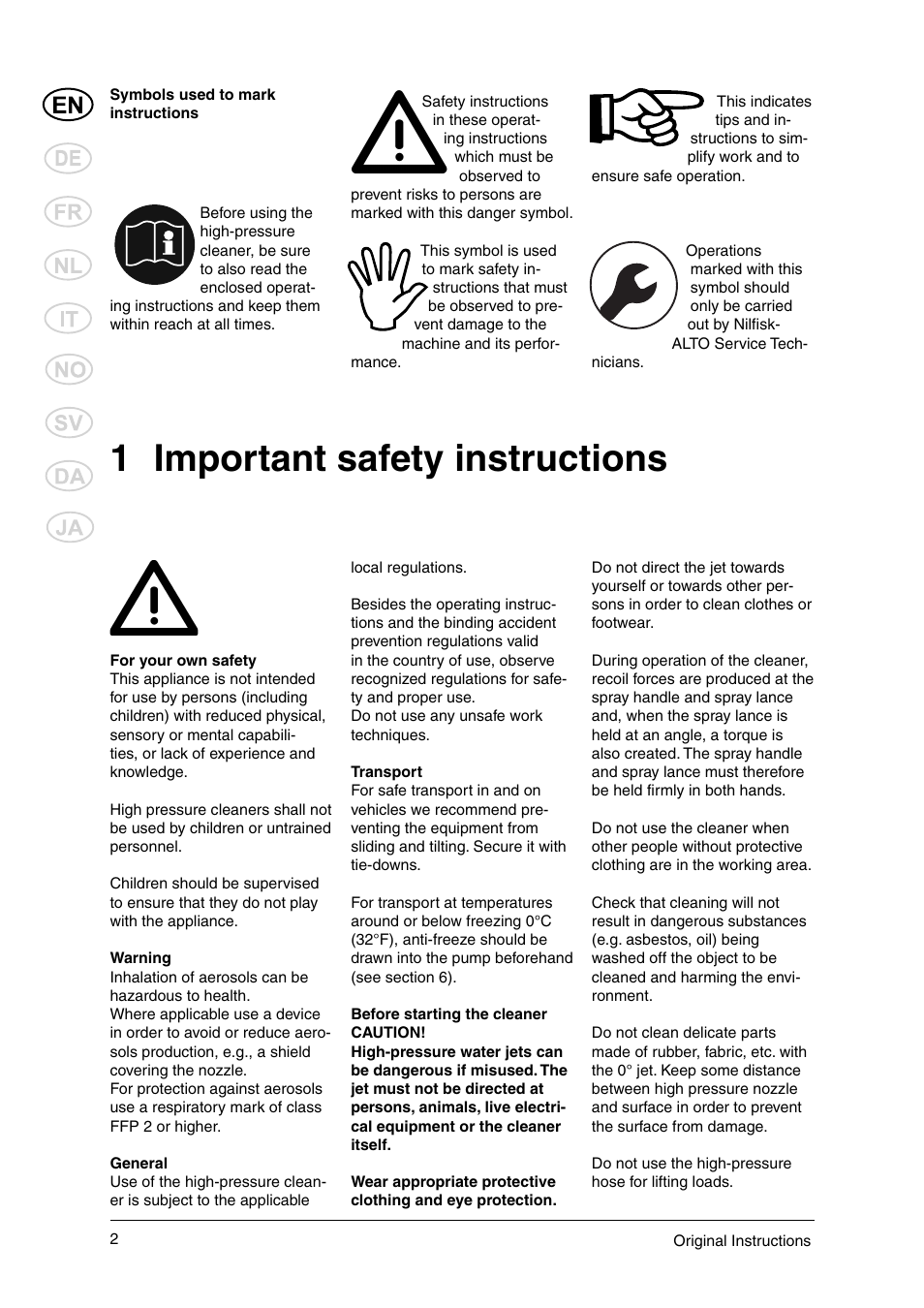 1 important safety instructions | Nilfisk-ALTO 106269015 User Manual | Page 4 / 24