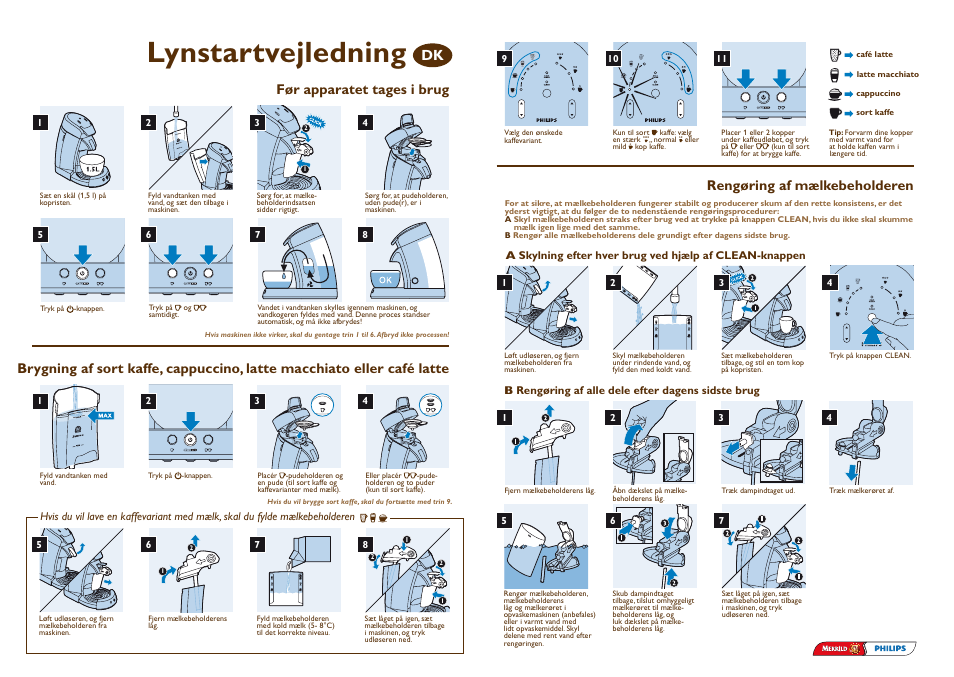 Lynstartvejledning, Før apparatet tages i brug, Rengøring af mælkebeholderen | Philips SENSEO® Latte Select Kaffeepadmaschine User Manual | Page 3 / 9