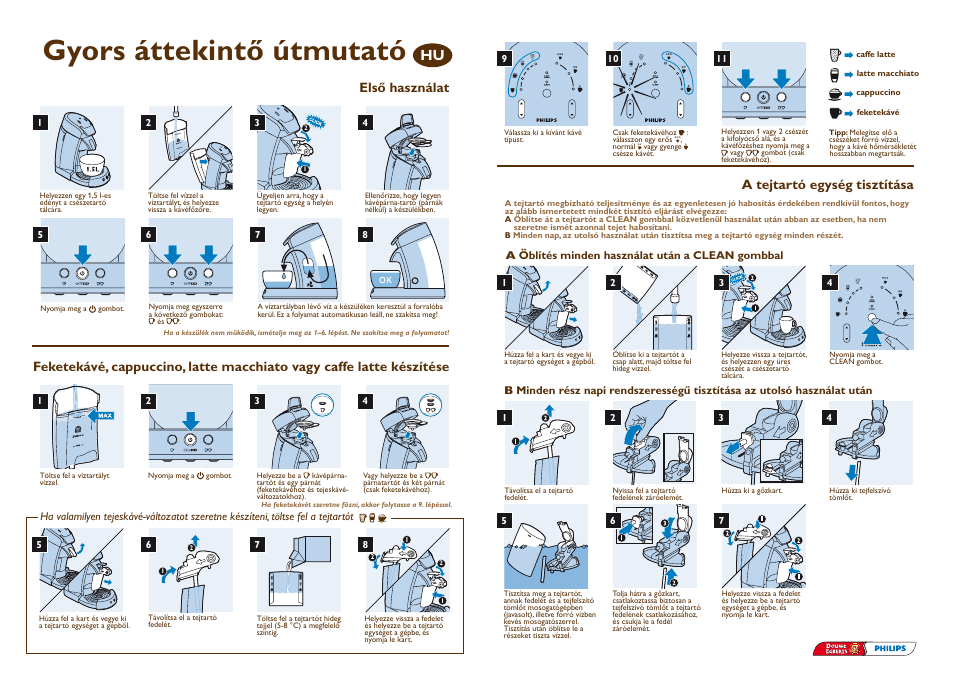 Gyors áttekintő útmutató, Első használat, A tejtartó egység tisztítása | Philips SENSEO® Latte Select Kaffeepadmaschine User Manual | Page 6 / 9