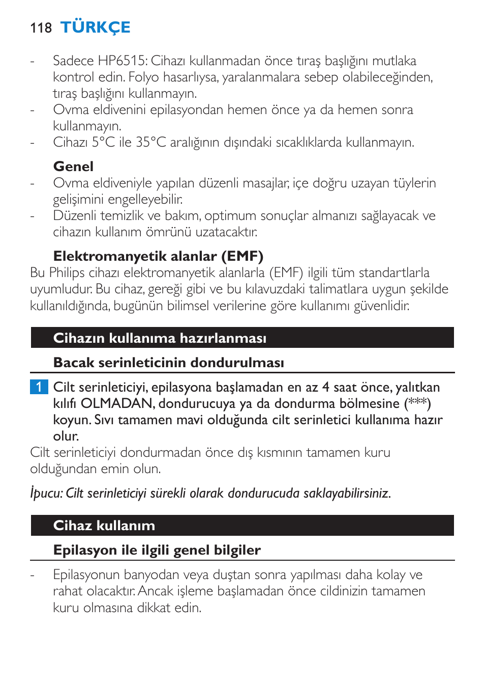 Tehlike, Uyarı, Dikkat | Philips Satinelle Ice Premium Epilierer User Manual | Page 118 / 136