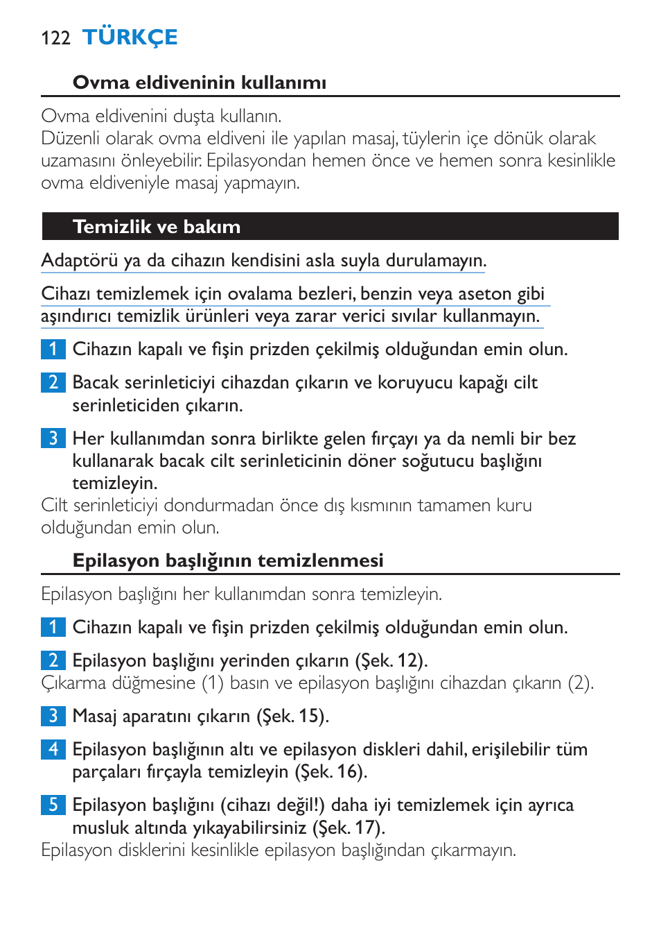 Tıraş (sadece hp6515) | Philips Satinelle Ice Premium Epilierer User Manual | Page 122 / 136