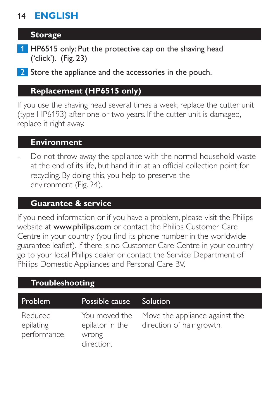 Storage, Replacement (hp6515 only), Environment | Guarantee & service, Troubleshooting | Philips Satinelle Ice Premium Epilierer User Manual | Page 14 / 136