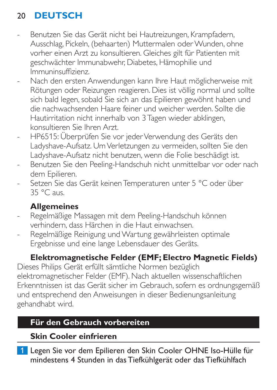 Gefahr, Warnhinweis, Achtung | Wichtig | Philips Satinelle Ice Premium Epilierer User Manual | Page 20 / 136