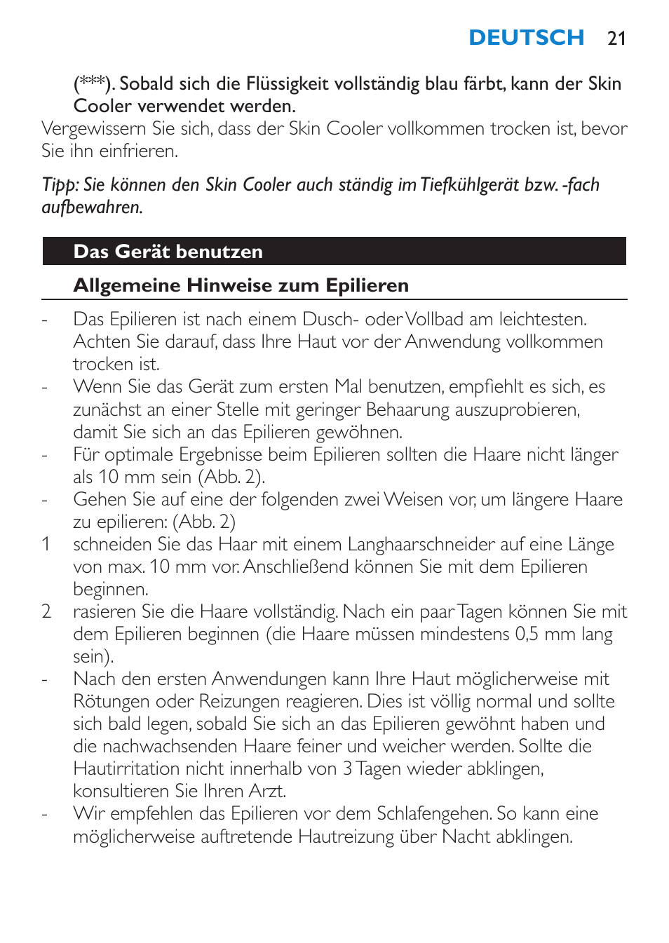 Allgemeines, Für den gebrauch vorbereiten, Skin cooler einfrieren | Philips Satinelle Ice Premium Epilierer User Manual | Page 21 / 136