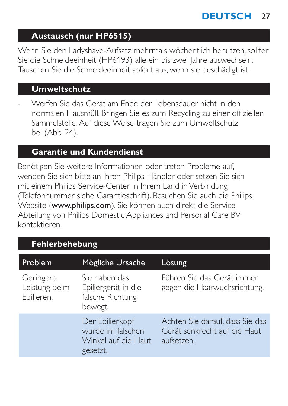 Den ladyshave-aufsatz reinigen (nur hp6515), Aufbewahrung | Philips Satinelle Ice Premium Epilierer User Manual | Page 27 / 136