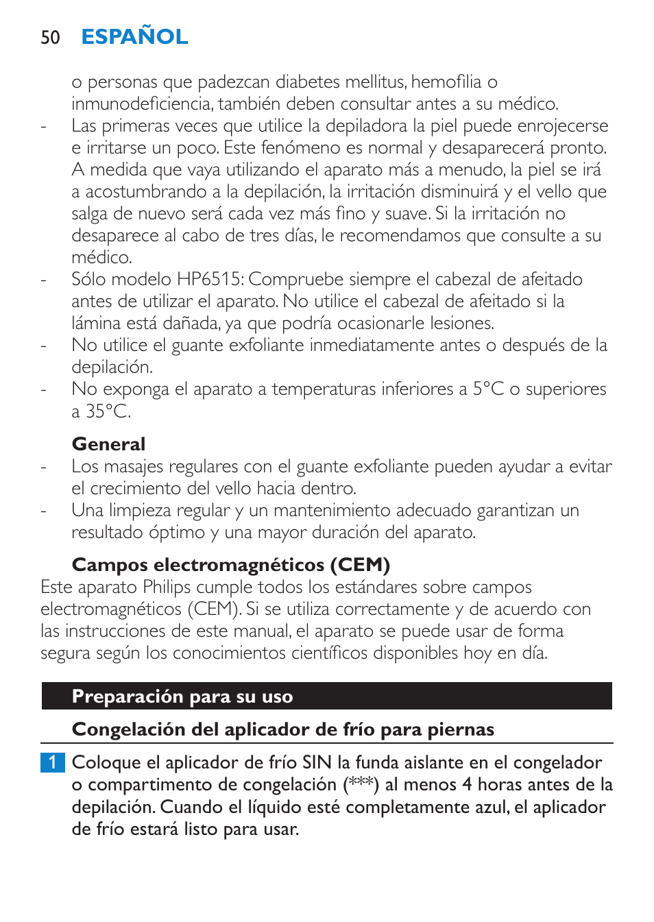 Peligro, Advertencia, Precaución | Importante | Philips Satinelle Ice Premium Epilierer User Manual | Page 50 / 136