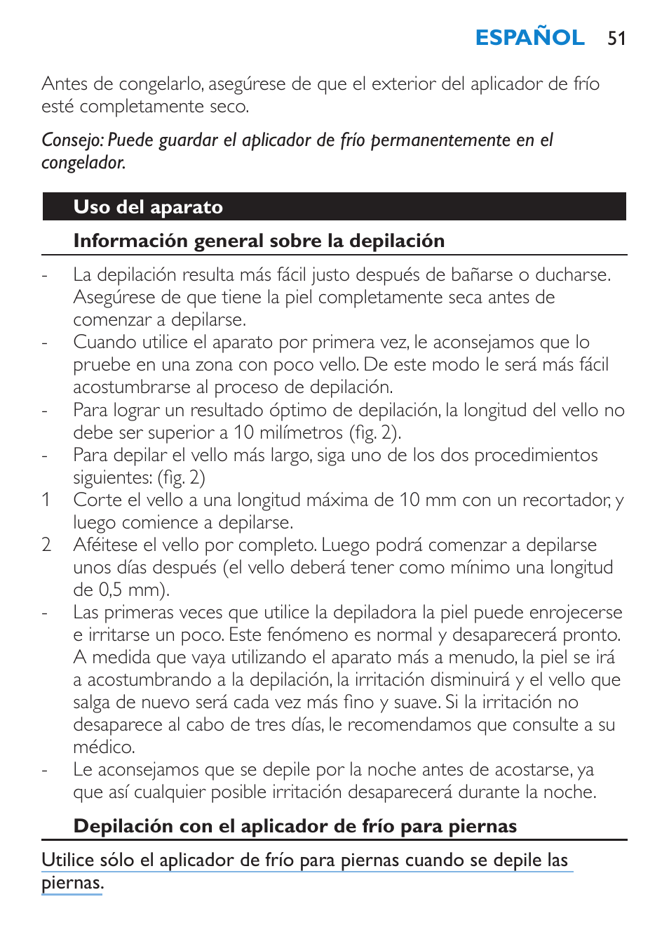 General, Campos electromagnéticos (cem), Preparación para su uso | Congelación del aplicador de frío para piernas | Philips Satinelle Ice Premium Epilierer User Manual | Page 51 / 136