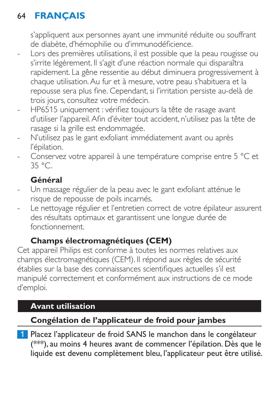 Danger, Avertissement, Attention | Philips Satinelle Ice Premium Epilierer User Manual | Page 64 / 136