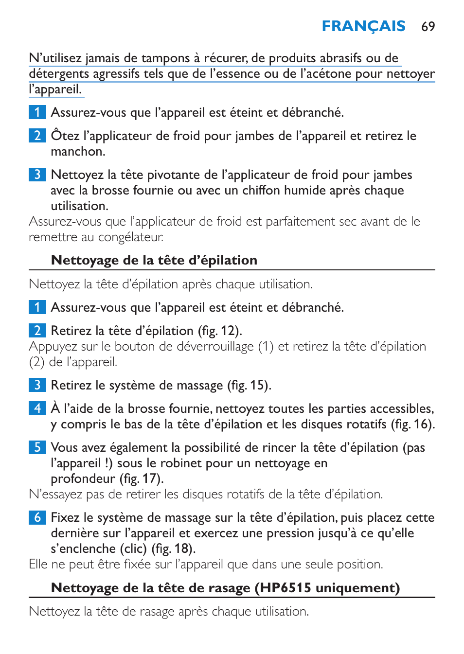 Rasage (hp6515 uniquement), Utilisation du gant exfoliant, Nettoyage et entretien | Philips Satinelle Ice Premium Epilierer User Manual | Page 69 / 136