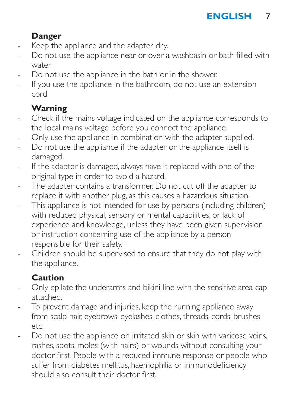 Danger, Warning, Caution | Philips Satinelle Ice Premium Epilierer User Manual | Page 7 / 136