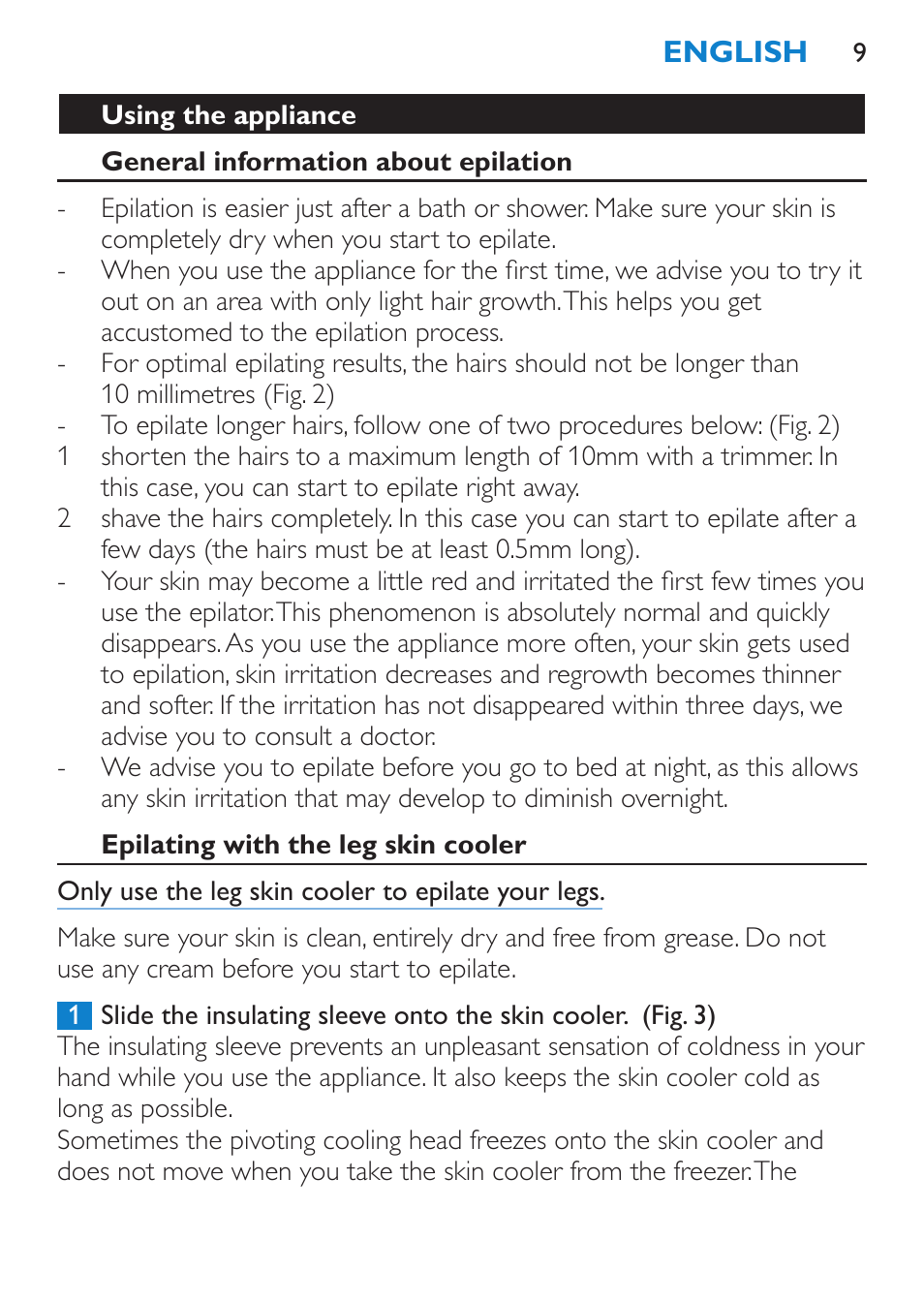 Using the appliance, General information about epilation, Epilating with the leg skin cooler | Philips Satinelle Ice Premium Epilierer User Manual | Page 9 / 136