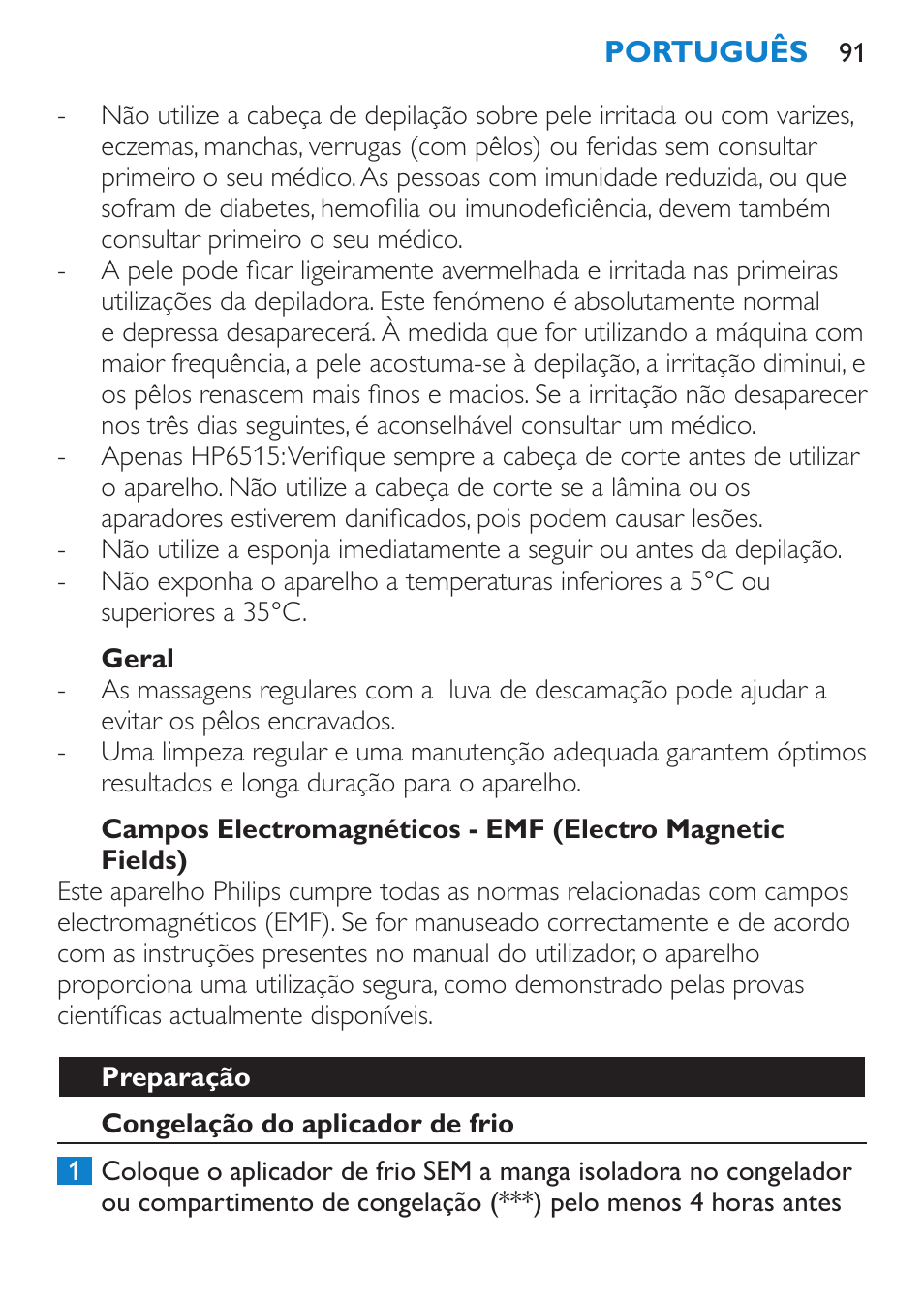 Perigo, Aviso, Atenção | Importante | Philips Satinelle Ice Premium Epilierer User Manual | Page 91 / 136