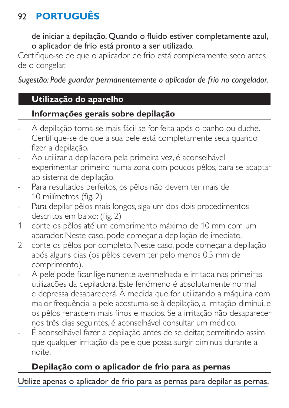 Geral, Preparação, Congelação do aplicador de frio | Philips Satinelle Ice Premium Epilierer User Manual | Page 92 / 136