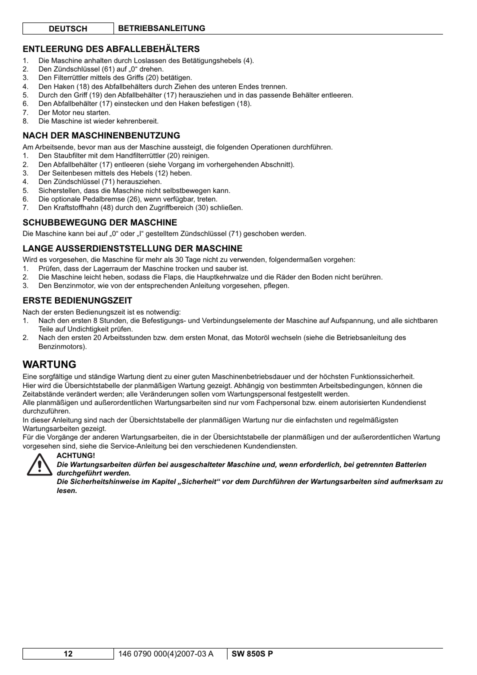 Wartung | Nilfisk-ALTO SW 850S P User Manual | Page 15 / 88