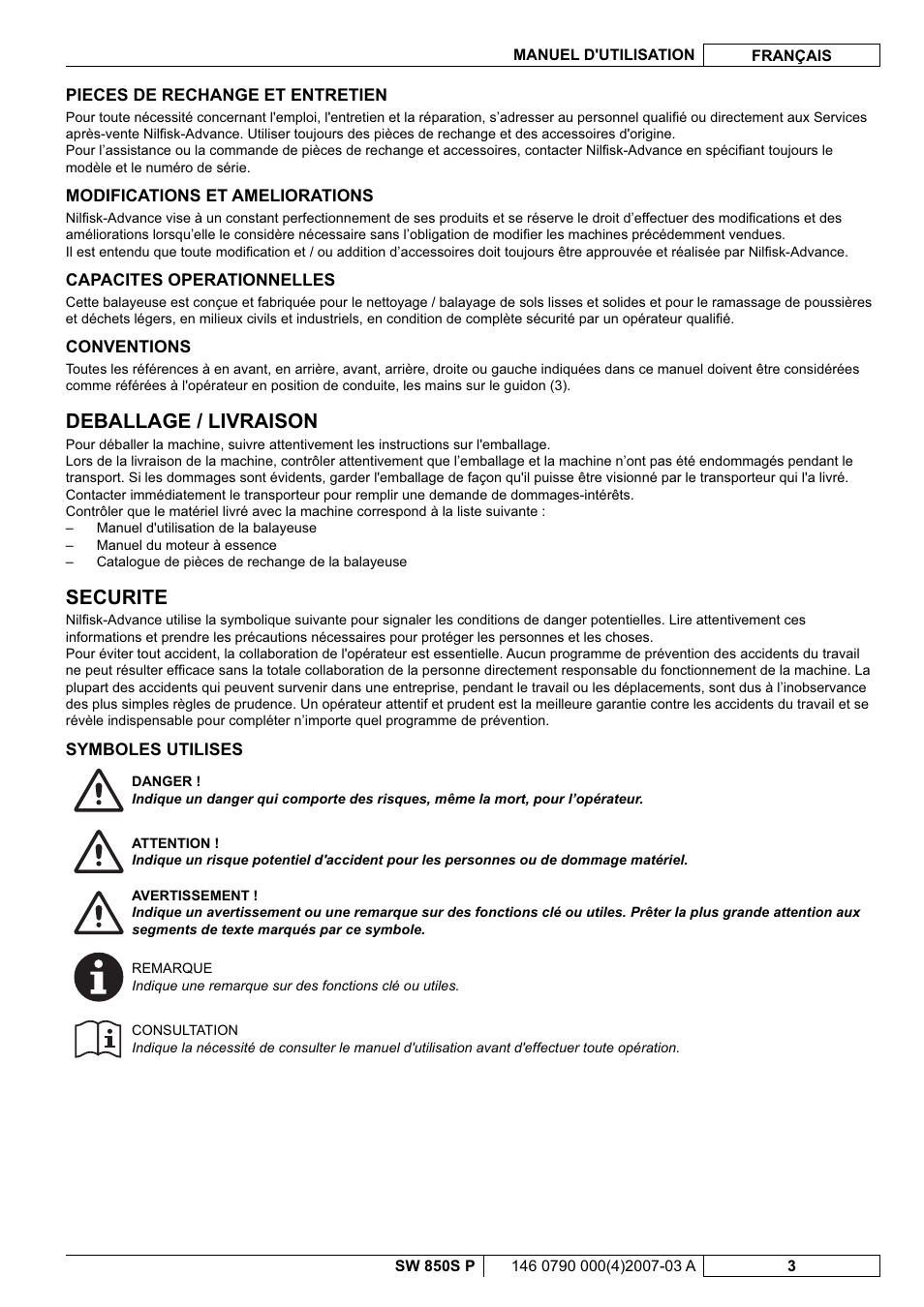 Deballage / livraison, Securite | Nilfisk-ALTO SW 850S P User Manual | Page 26 / 88