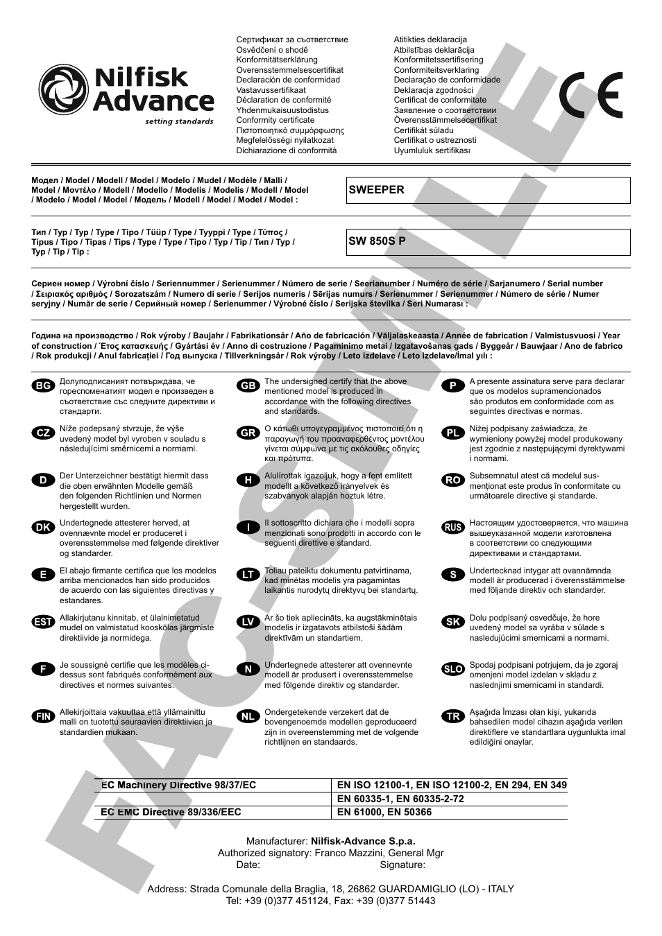 Fa c-simile fa fa fa fa | Nilfisk-ALTO SW 850S P User Manual | Page 3 / 88