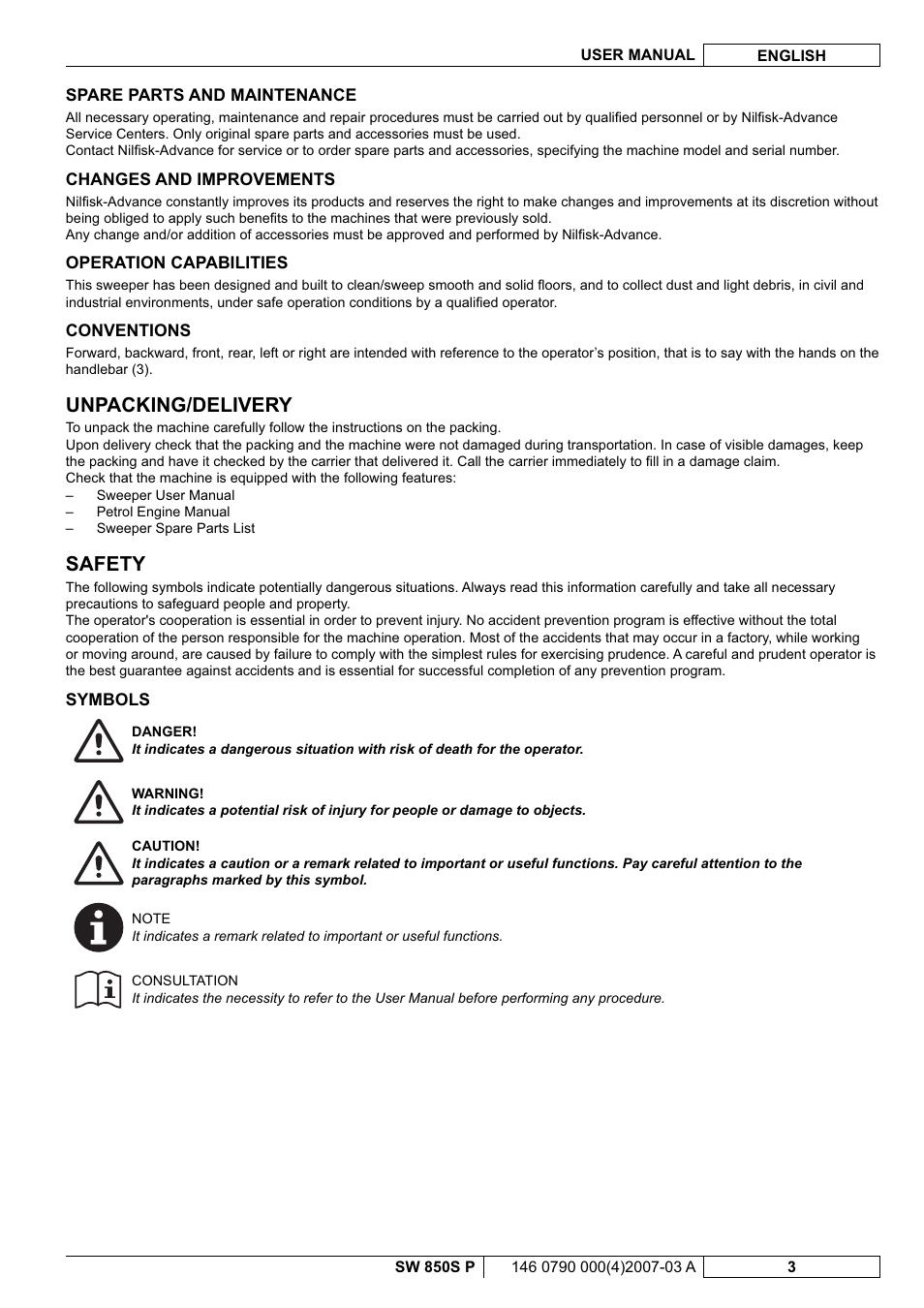 Unpacking/delivery, Safety | Nilfisk-ALTO SW 850S P User Manual | Page 46 / 88
