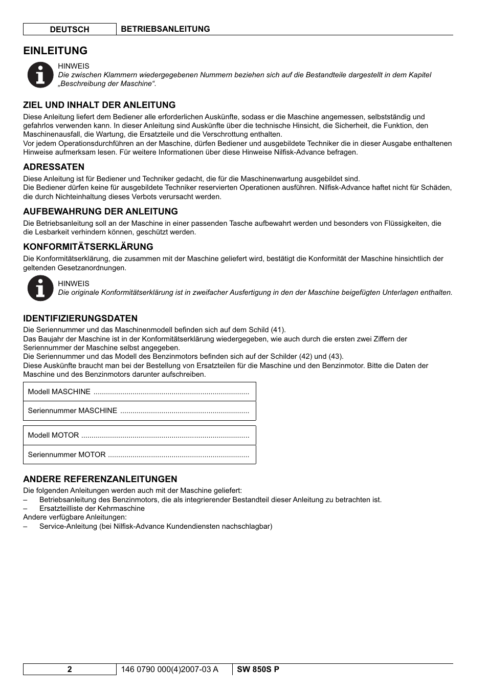 Einleitung | Nilfisk-ALTO SW 850S P User Manual | Page 5 / 88