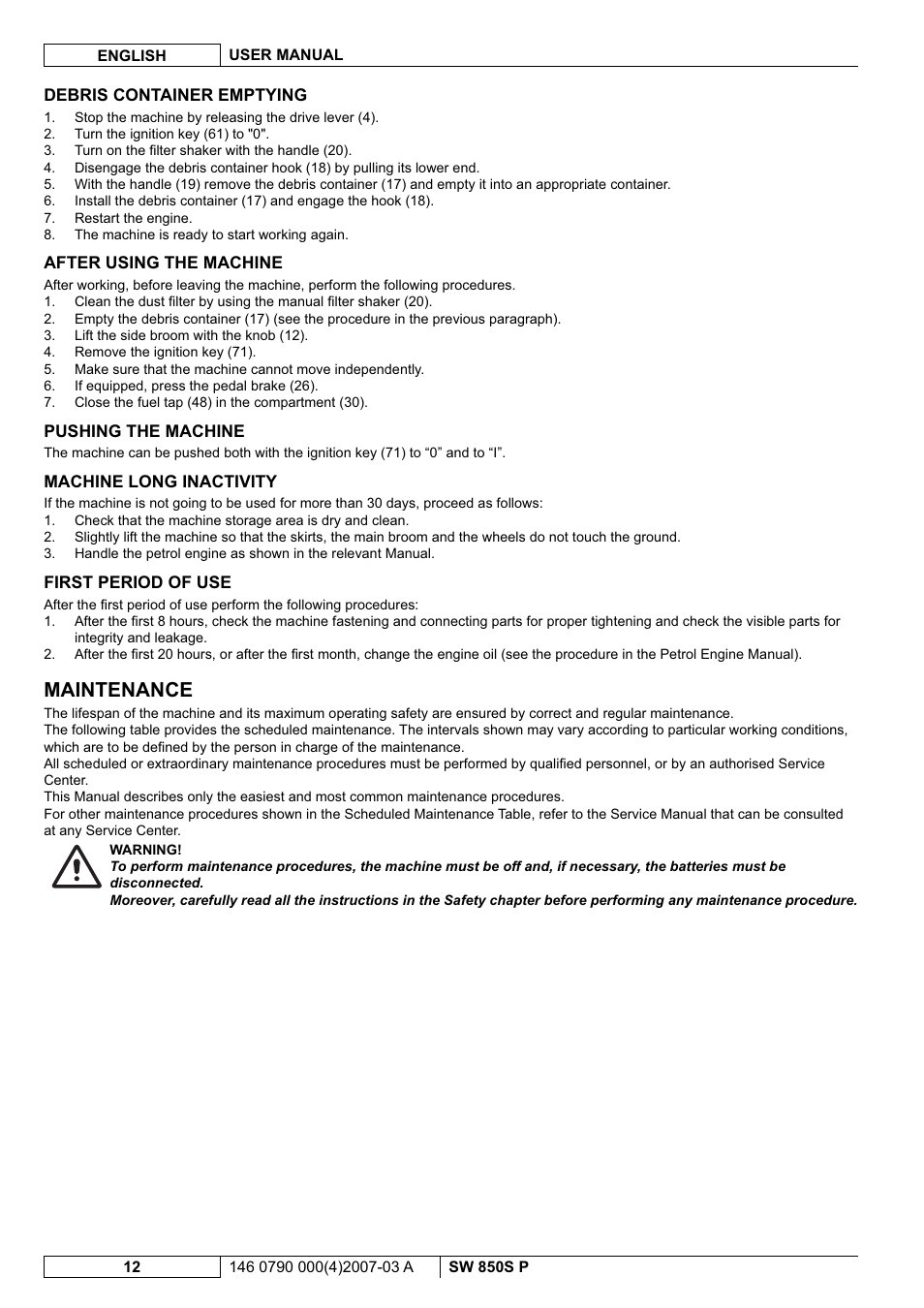 Maintenance | Nilfisk-ALTO SW 850S P User Manual | Page 55 / 88