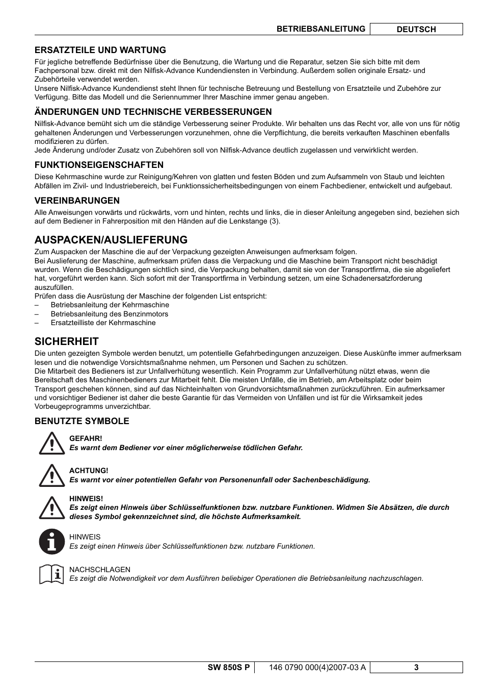Auspacken/auslieferung, Sicherheit | Nilfisk-ALTO SW 850S P User Manual | Page 6 / 88