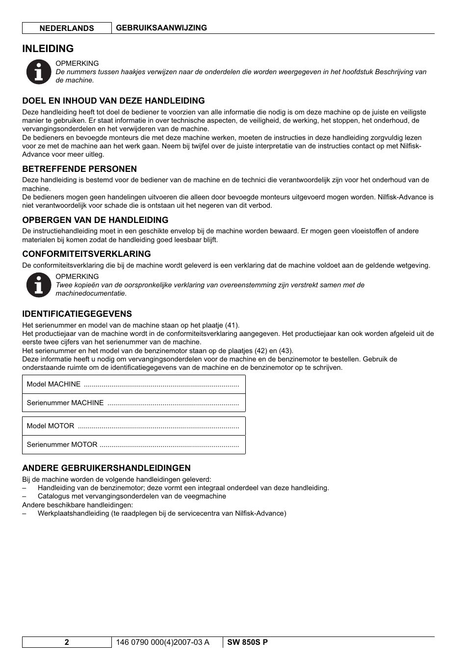 Inleiding | Nilfisk-ALTO SW 850S P User Manual | Page 65 / 88