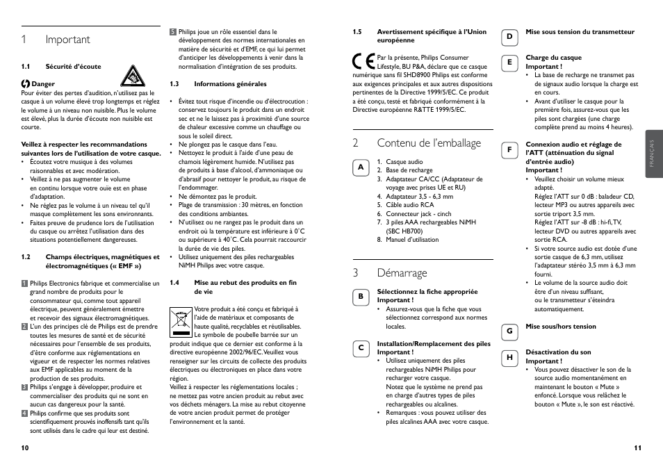 1 important, 2 contenu de l’emballage, 3 démarrage | Philips Kabelloser HiFi-Kopfhörer User Manual | Page 8 / 51