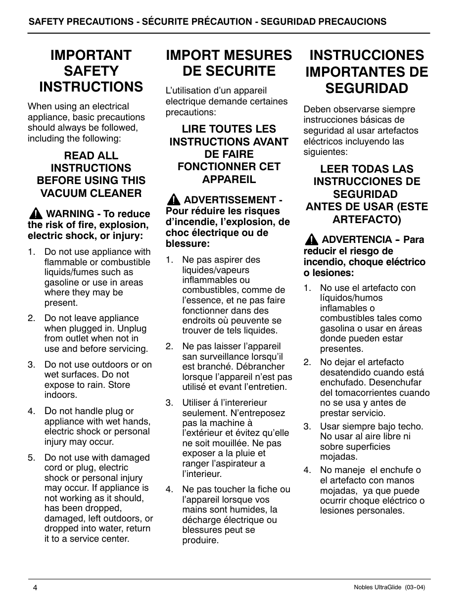 Important safety instructions, Import mesures de securite, Instrucciones importantes de seguridad | Nilfisk-ALTO 614219 User Manual | Page 4 / 20