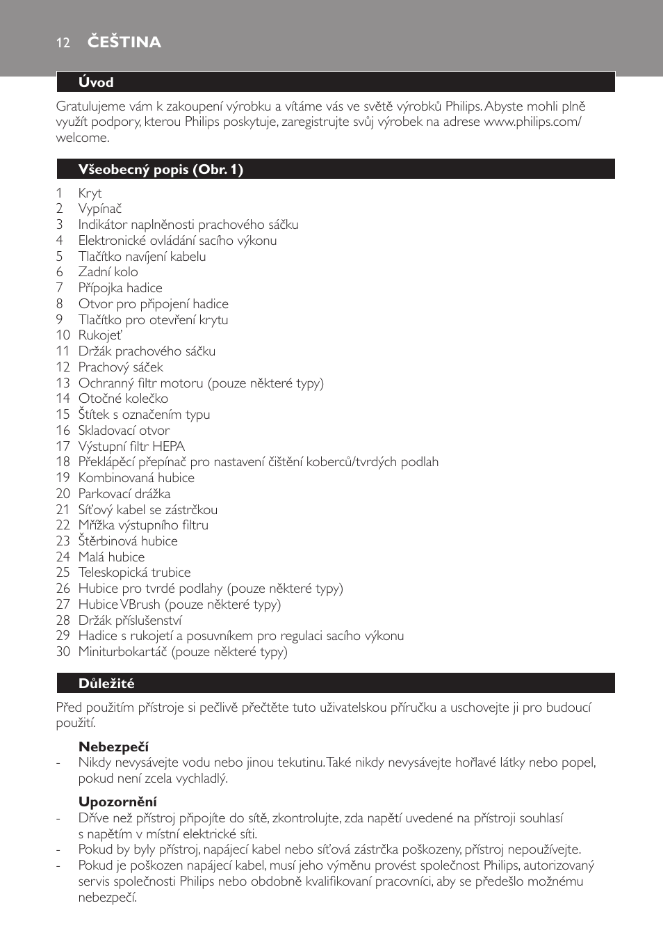 Čeština, Čeština 12 | Philips EasyLife Staubsauger mit Beutel User Manual | Page 12 / 68