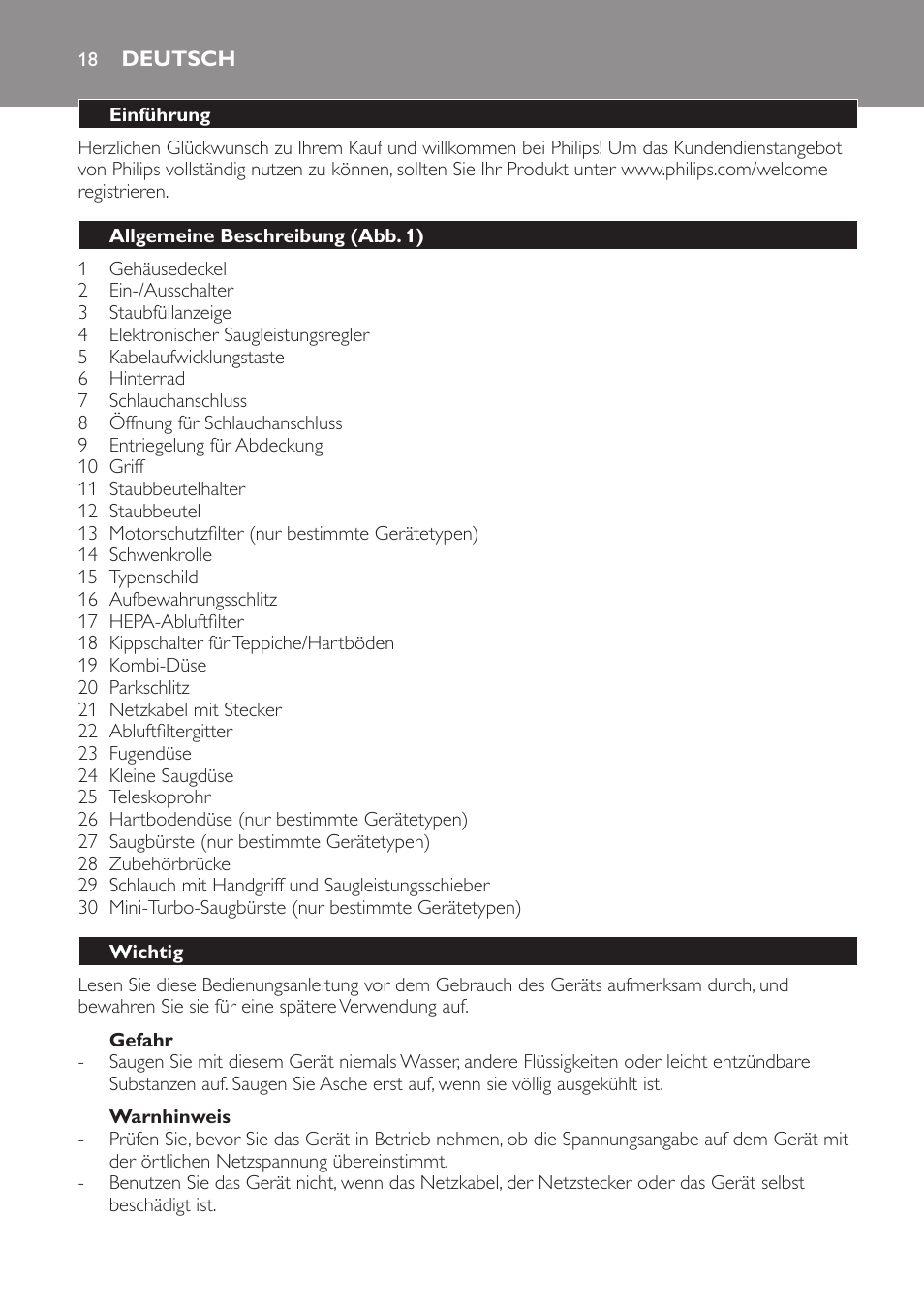 Deutsch, Deutsch 18 | Philips EasyLife Staubsauger mit Beutel User Manual | Page 18 / 68