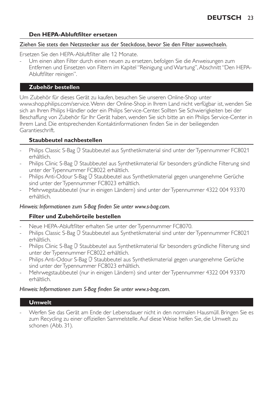 Philips EasyLife Staubsauger mit Beutel User Manual | Page 23 / 68