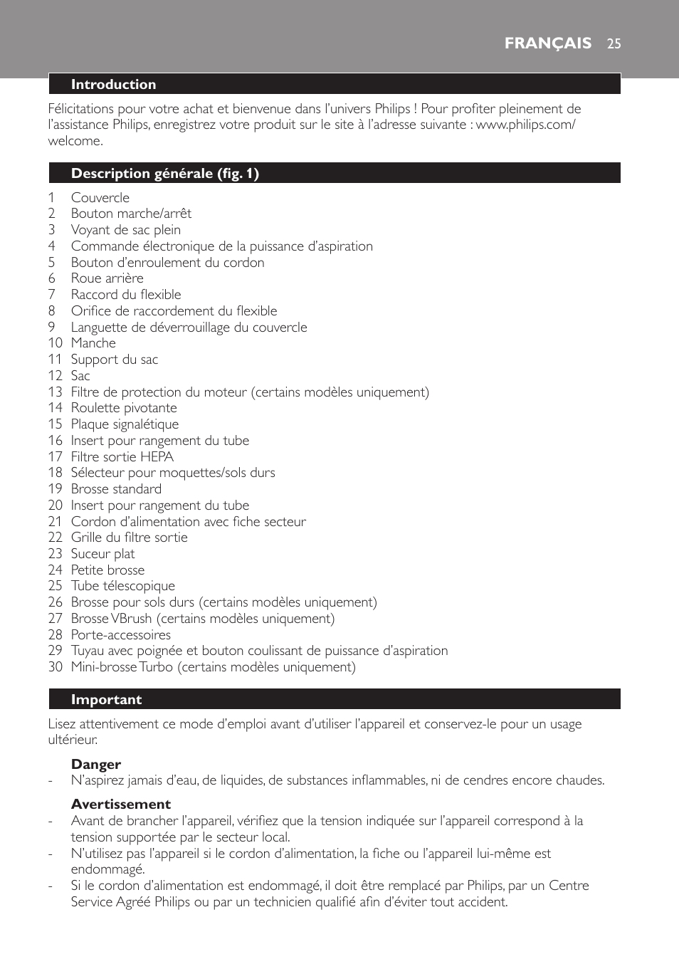 Français, Français 25 | Philips EasyLife Staubsauger mit Beutel User Manual | Page 25 / 68