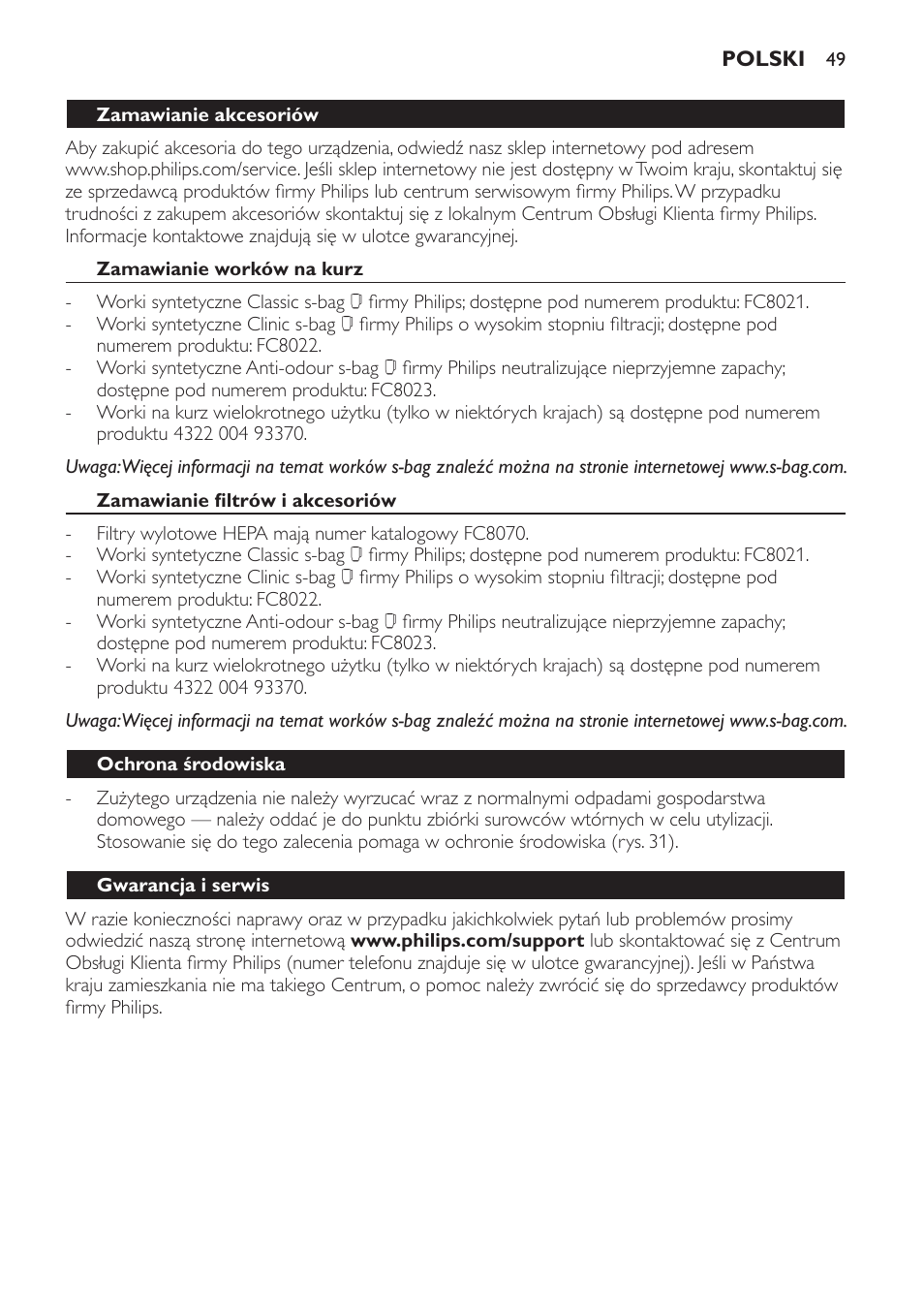 Philips EasyLife Staubsauger mit Beutel User Manual | Page 49 / 68