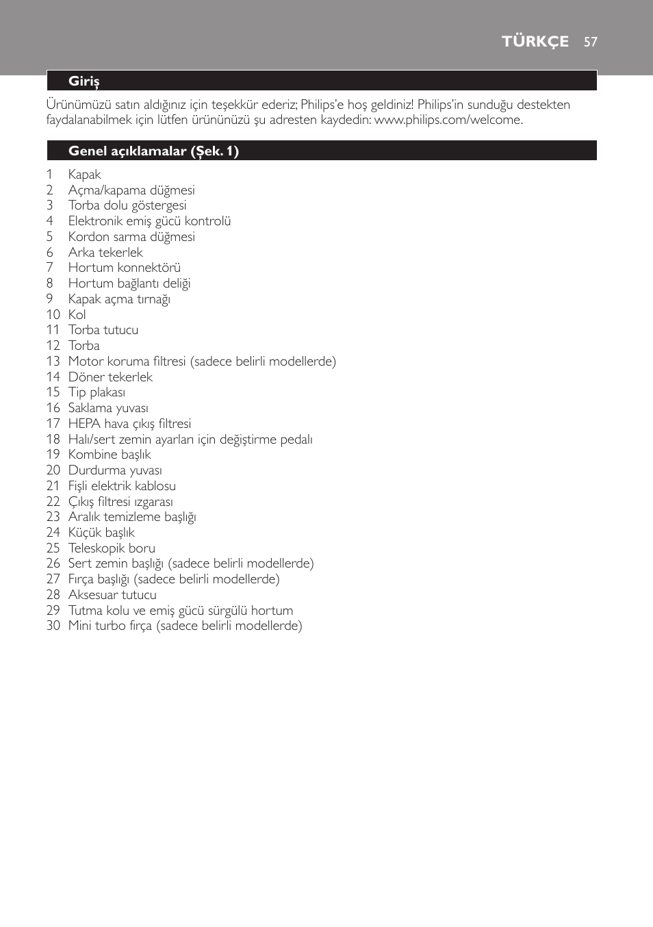 Türkçe, Türkçe 5 | Philips EasyLife Staubsauger mit Beutel User Manual | Page 57 / 68