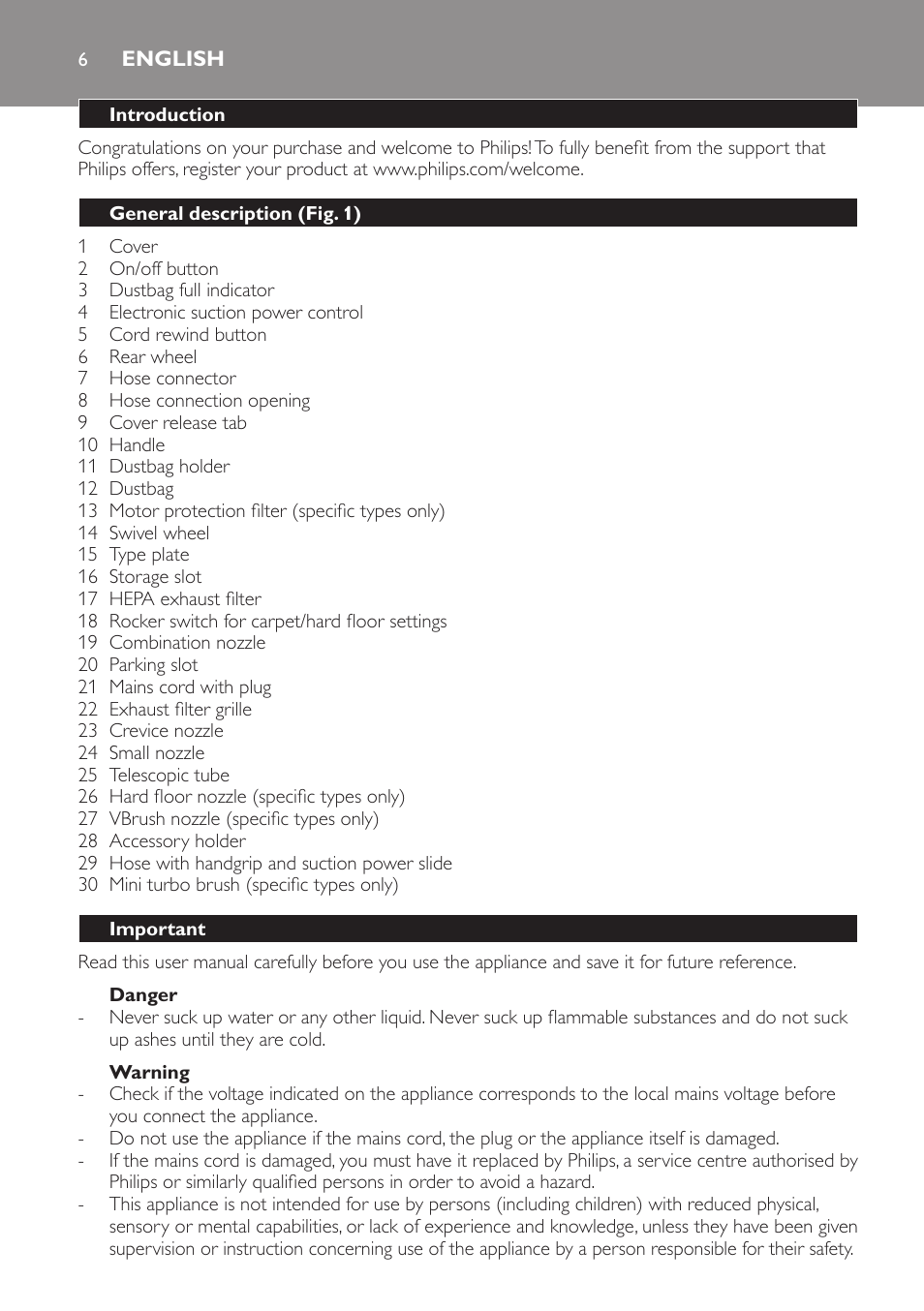 English | Philips EasyLife Staubsauger mit Beutel User Manual | Page 6 / 68