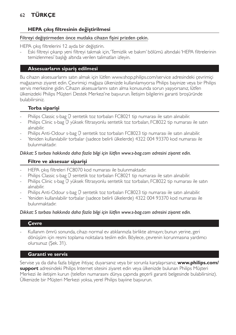 Philips EasyLife Staubsauger mit Beutel User Manual | Page 62 / 68