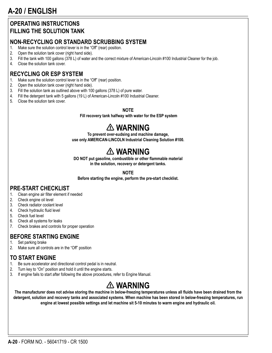 Warning, A-20 / english | Nilfisk-ALTO CR 1500 User Manual | Page 20 / 76
