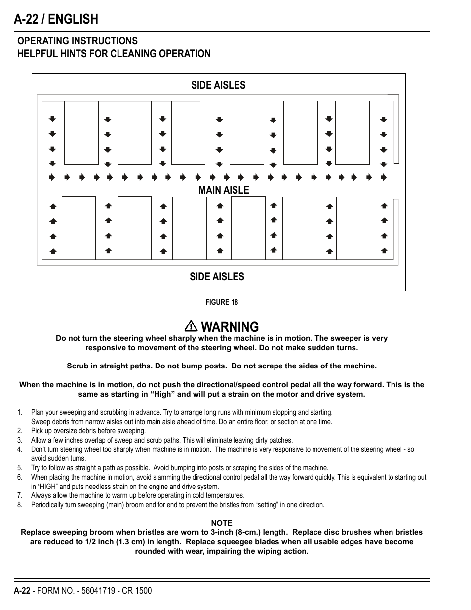 Warning, A-22 / english, Side aisles main aisle side aisles | Nilfisk-ALTO CR 1500 User Manual | Page 22 / 76