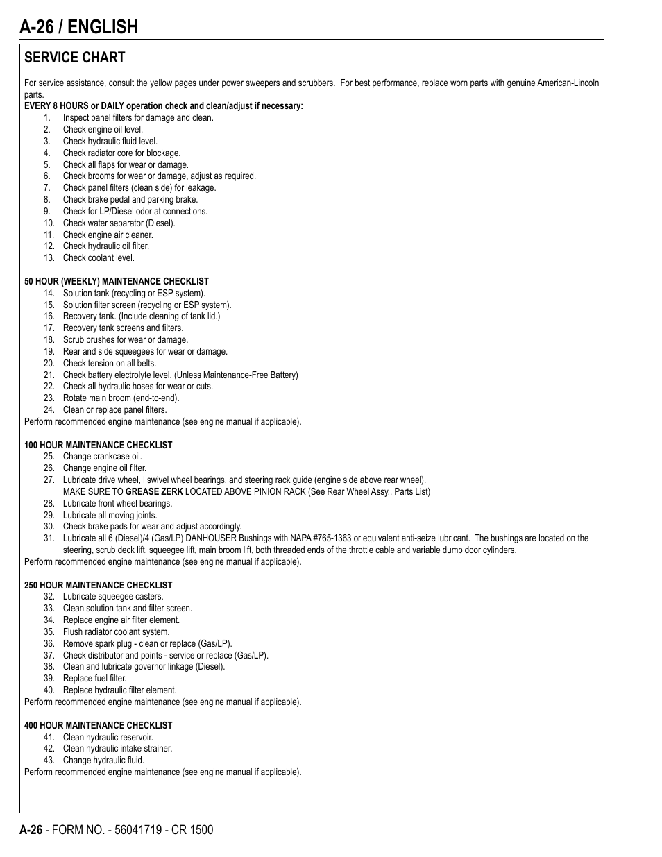 A-26 / english, Service chart | Nilfisk-ALTO CR 1500 User Manual | Page 26 / 76