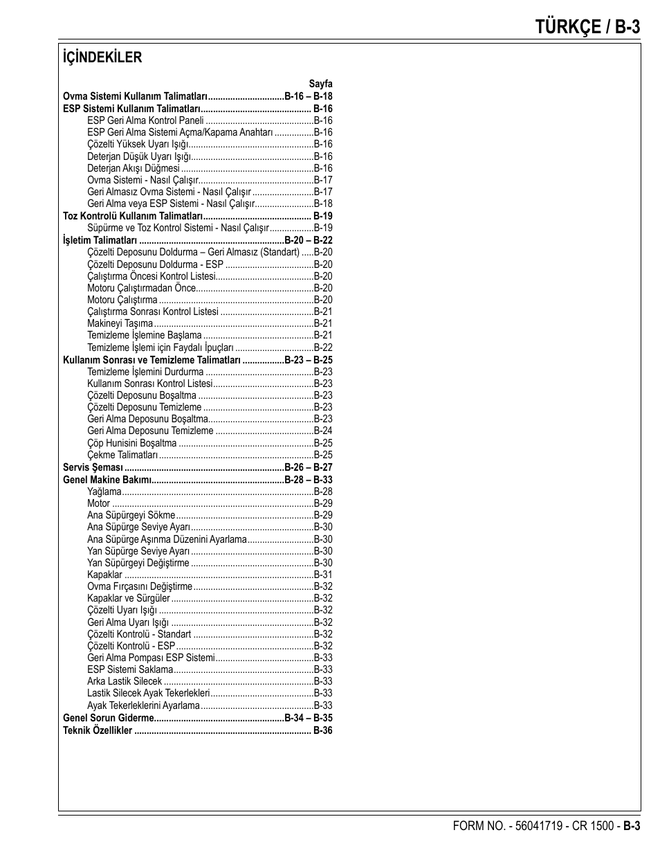Türkçe / b-3, Içindekiler | Nilfisk-ALTO CR 1500 User Manual | Page 39 / 76