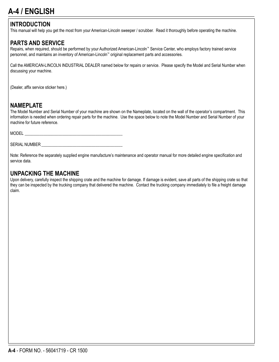 A-4 / english, Introduction, Parts and service | Nameplate, Unpacking the machine | Nilfisk-ALTO CR 1500 User Manual | Page 4 / 76