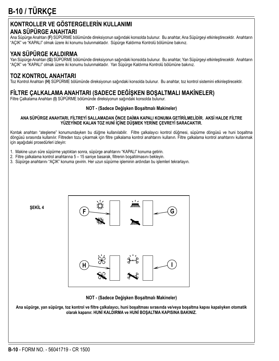 B-10 / türkçe, Yan süpürge kaldirma, Toz kontrol anahtari | Fg i h | Nilfisk-ALTO CR 1500 User Manual | Page 46 / 76
