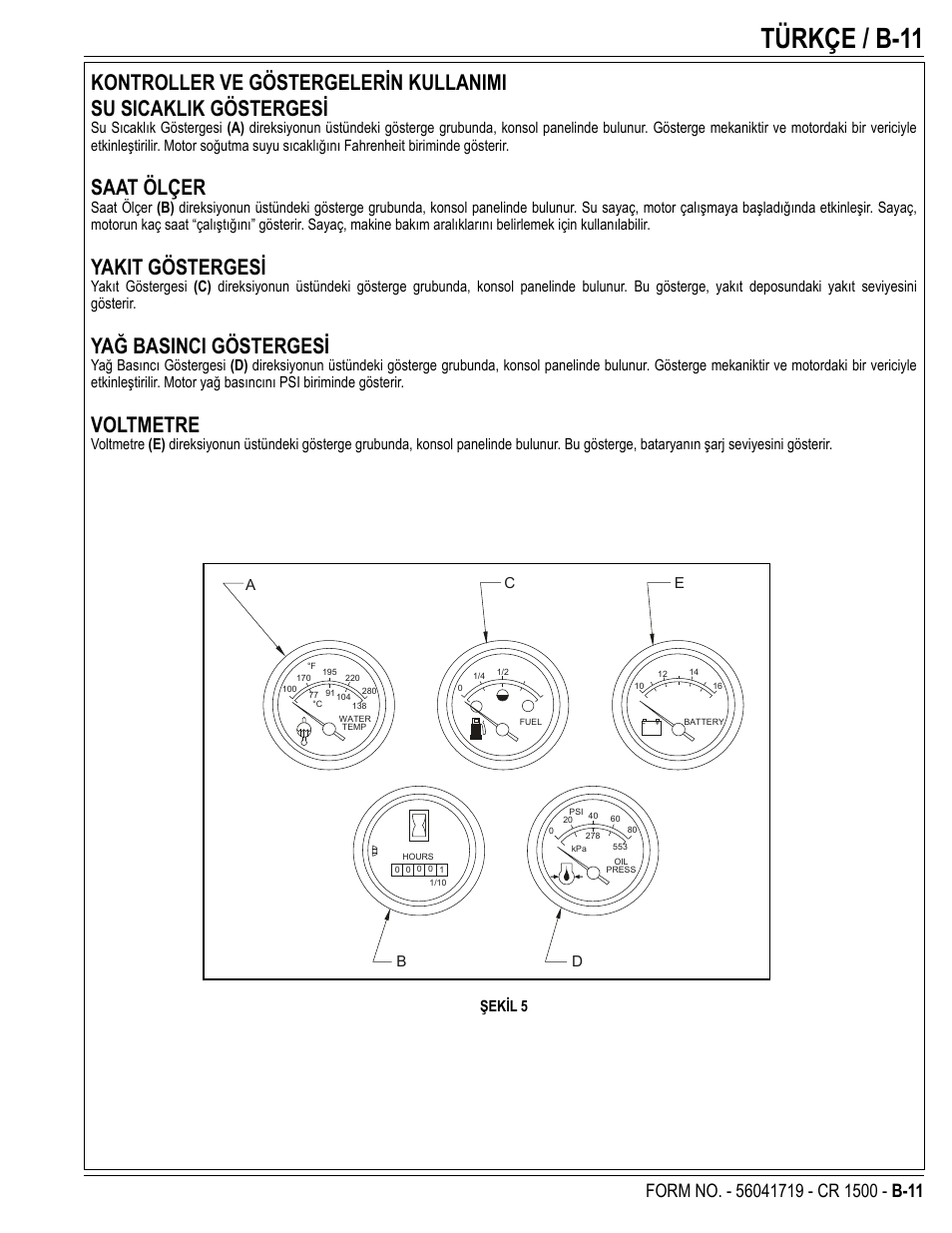 Türkçe / b-11, Saat ölçer, Yakit göstergesi | Yağ basinci göstergesi, Voltmetre, Şekil 5 | Nilfisk-ALTO CR 1500 User Manual | Page 47 / 76