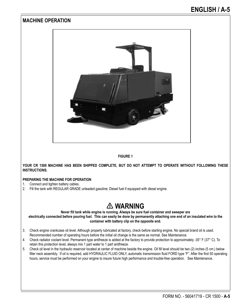 Warning, English / a-5, Machine operation | Nilfisk-ALTO CR 1500 User Manual | Page 5 / 76