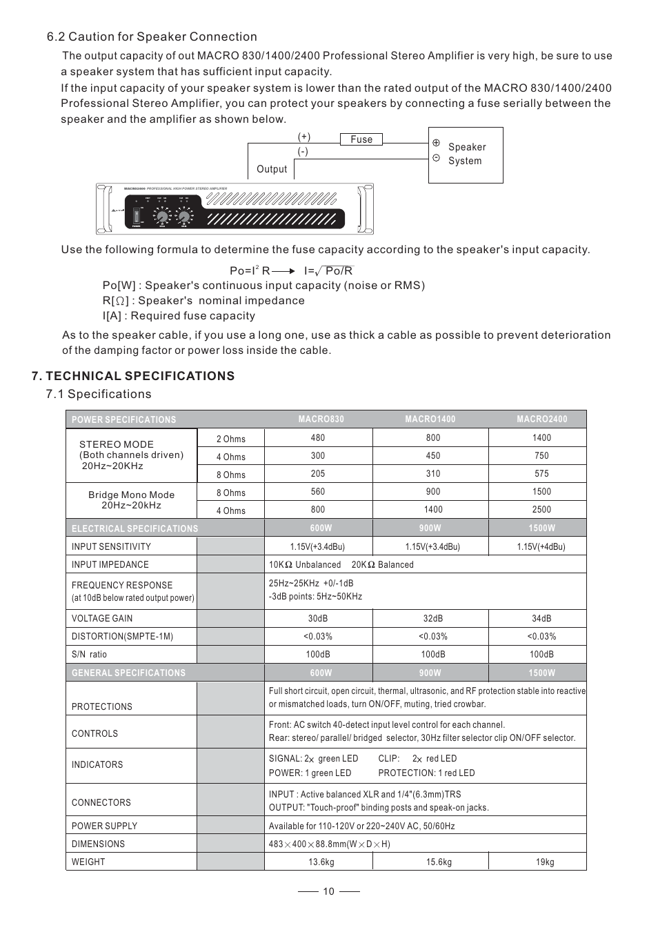 Technical specifications 7.1 specifications, 2 caution for speaker connection | Nilfisk-ALTO MACRO 2400 User Manual | Page 11 / 13