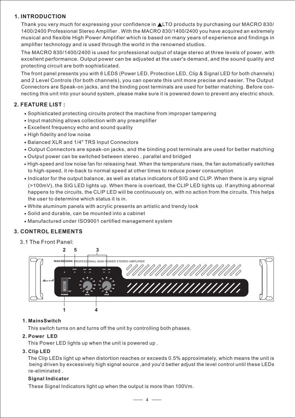 Introduction 2. feature list, Control elements 3.1 the front panel | Nilfisk-ALTO MACRO 2400 User Manual | Page 5 / 13