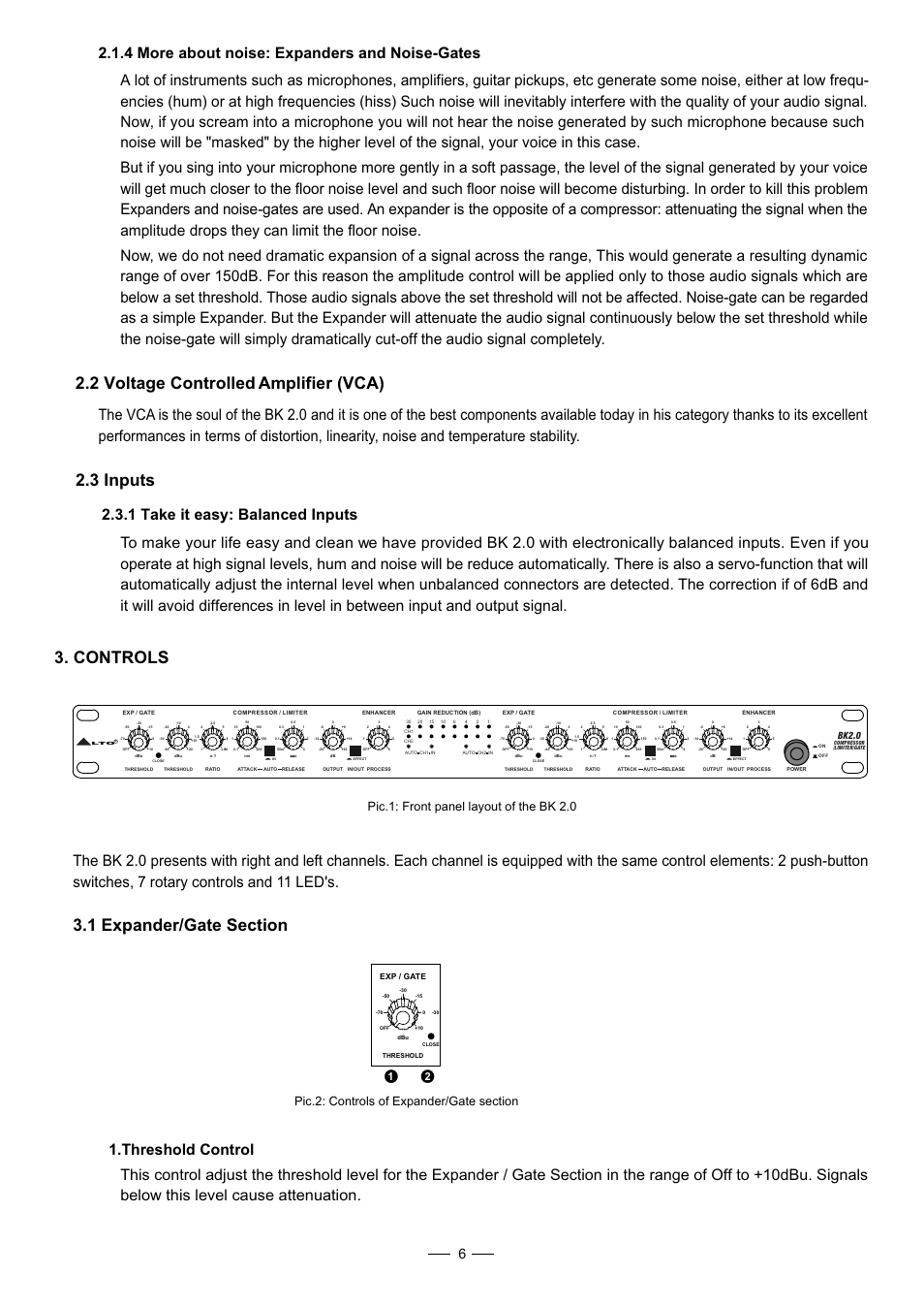 2 voltage controlled amplifier (vca), 3 inputs, Controls | Pic.1: front panel layout of the bk 2.0, Bk2.0 | Nilfisk-ALTO BK 2.0 User Manual | Page 7 / 18