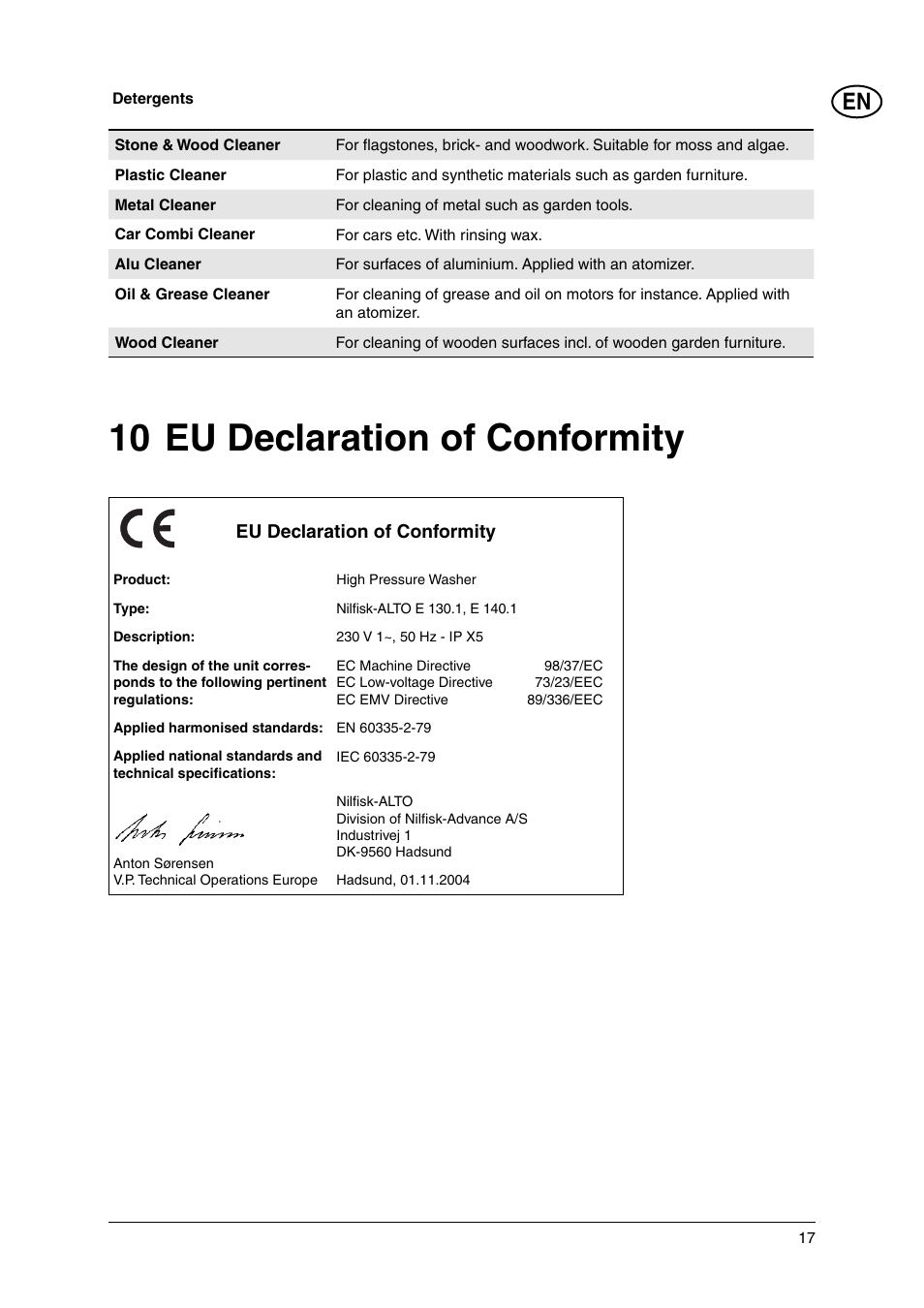 10 eu declaration of conformity | Nilfisk-ALTO E 130.1 User Manual | Page 17 / 19